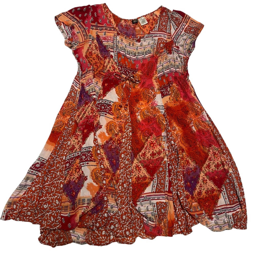 Bila Womens XL Orange Red Paisley Patchwork Boho Mini Dress Short Sleeve